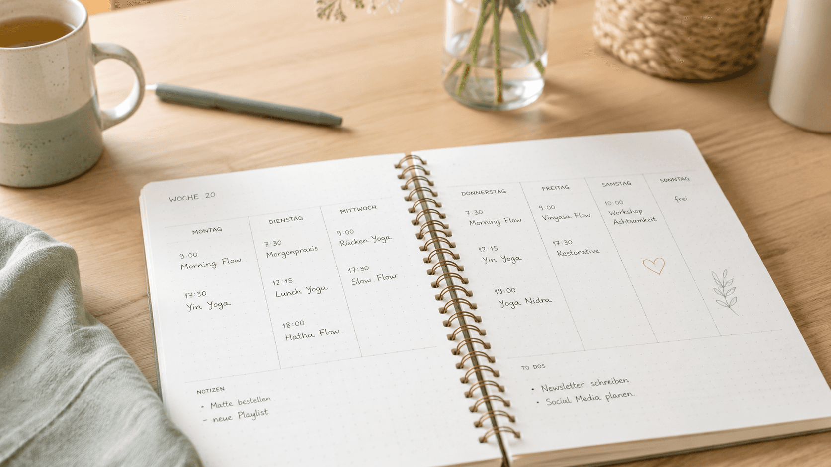 A weekly paper planner with handwritten yoga class names, beside a small ceramic mug and a single fern leaf