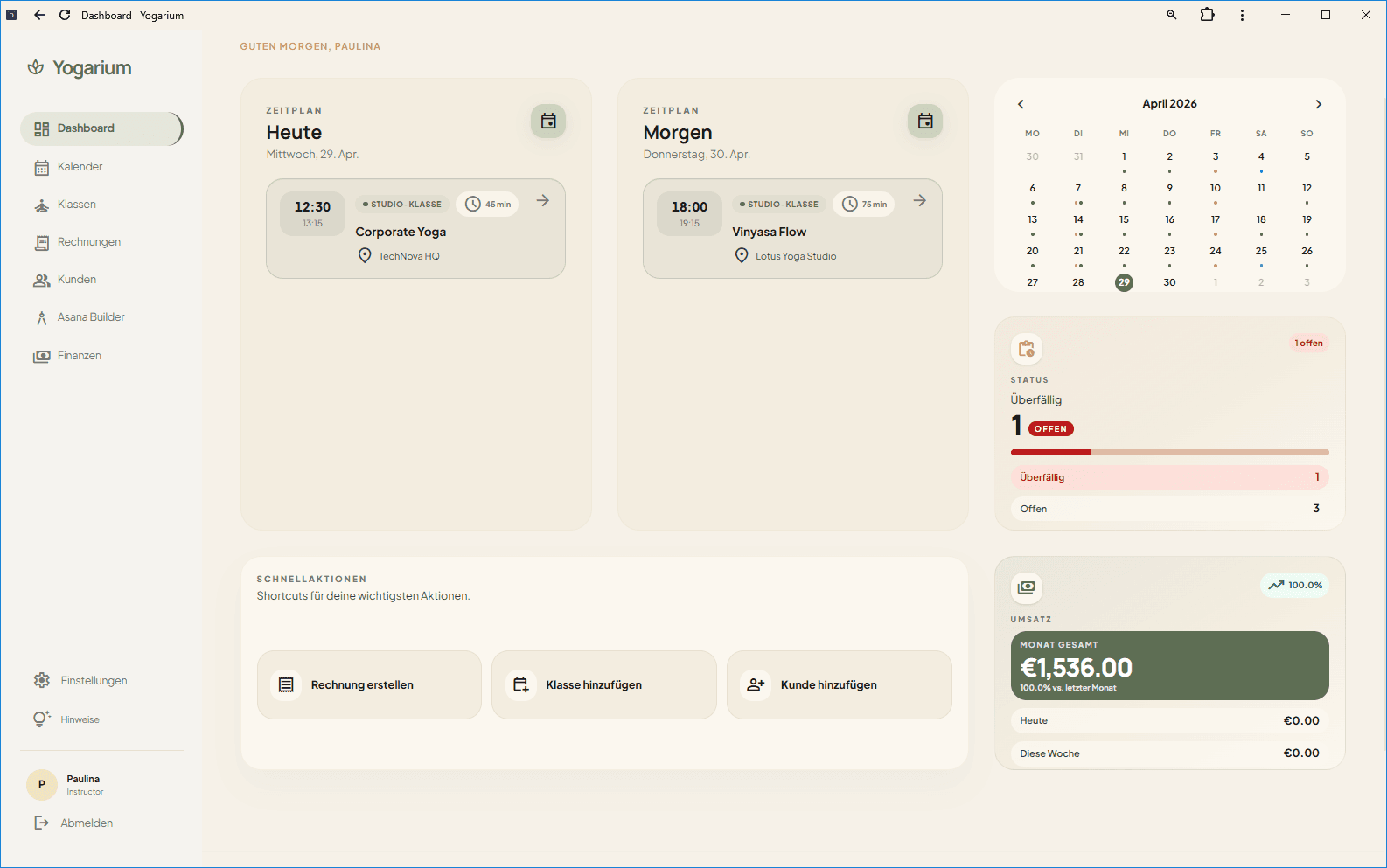 Yogarium-Dashboard mit kommenden Kursen, Rechnungen, Kund:innen und Finanzüberblick