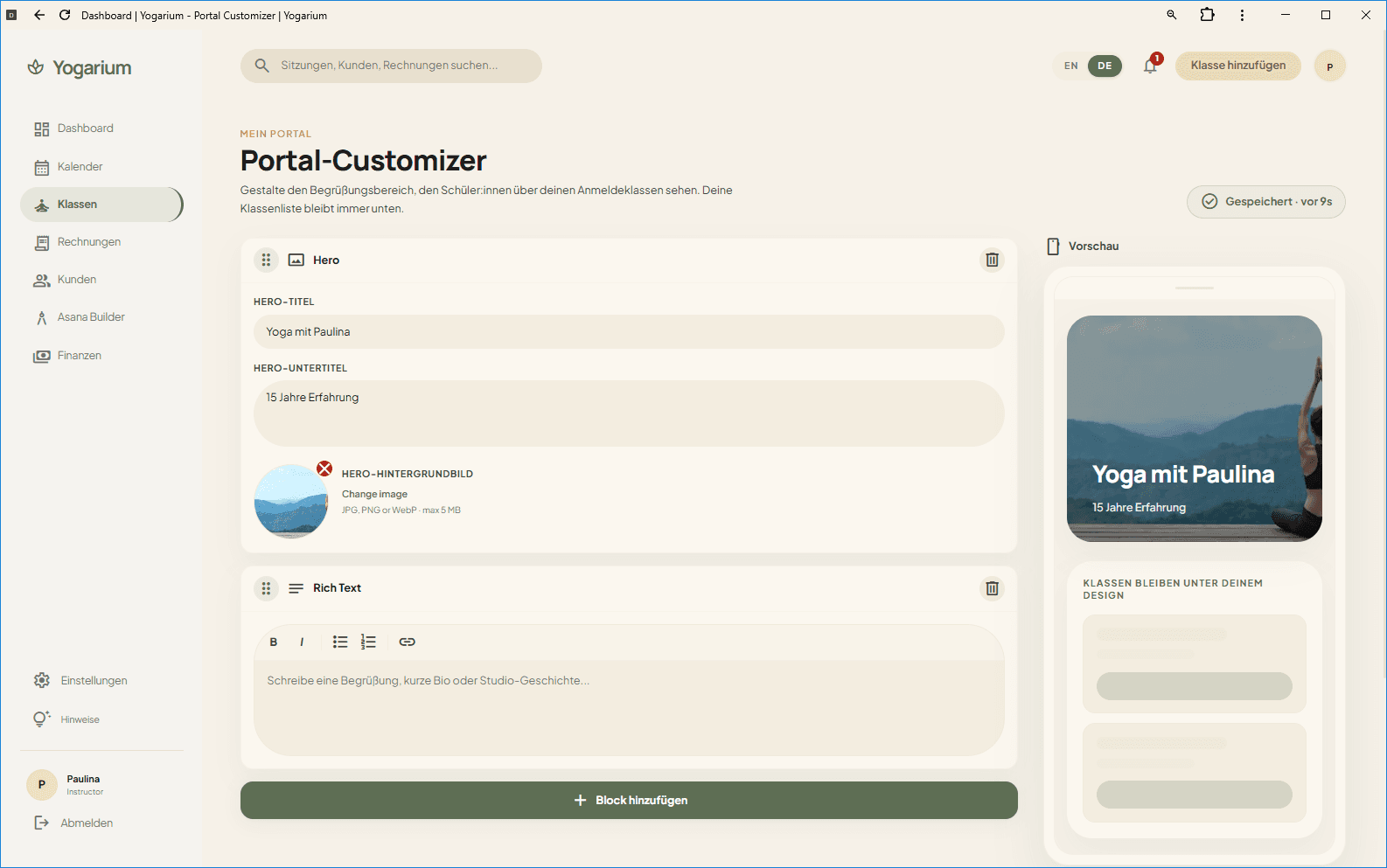 Live-Beispiel eines öffentlichen Yogarium-Buchungsportals für eine Yogalehrerin