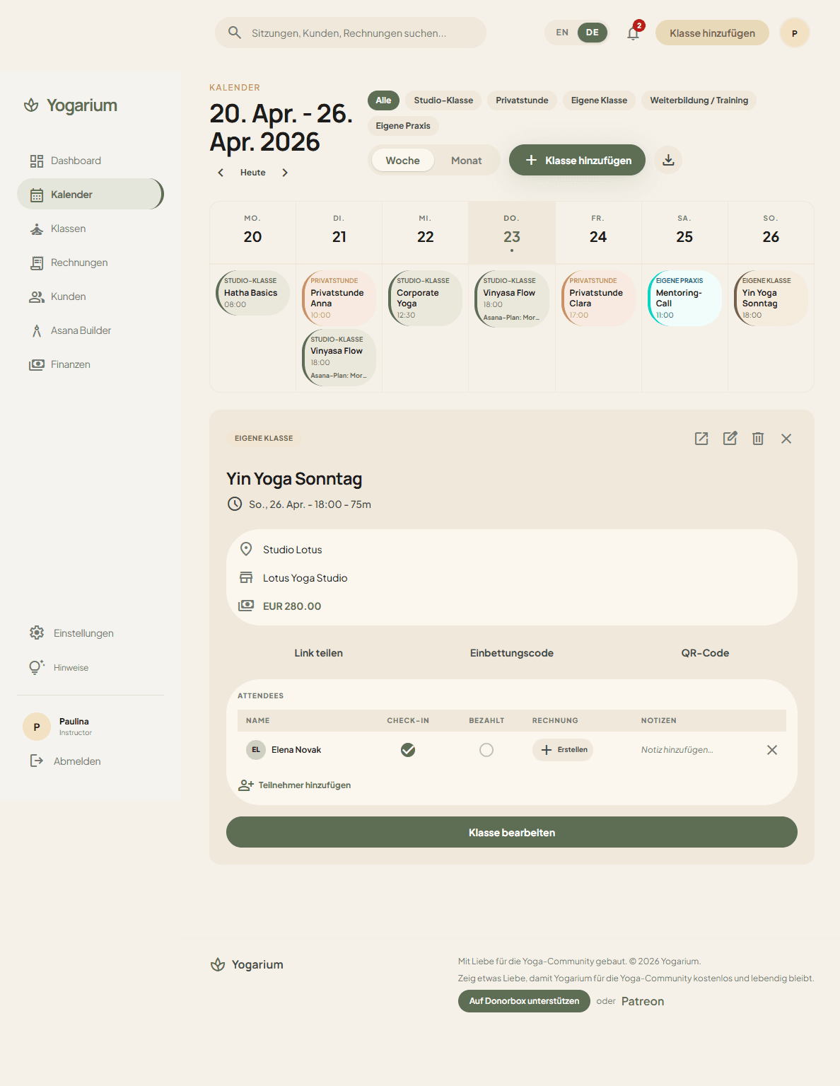 Yogarium-Dashboard mit mobiler Klassenanmeldung