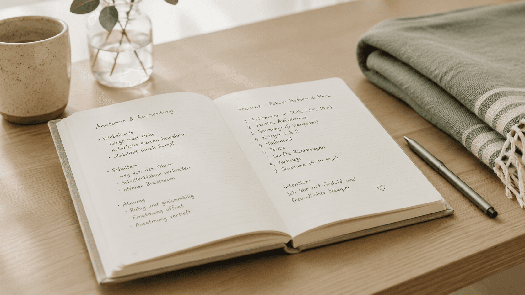 A small open notebook with handwritten student notes, a pen, and a folded blanket on a calm wooden surface