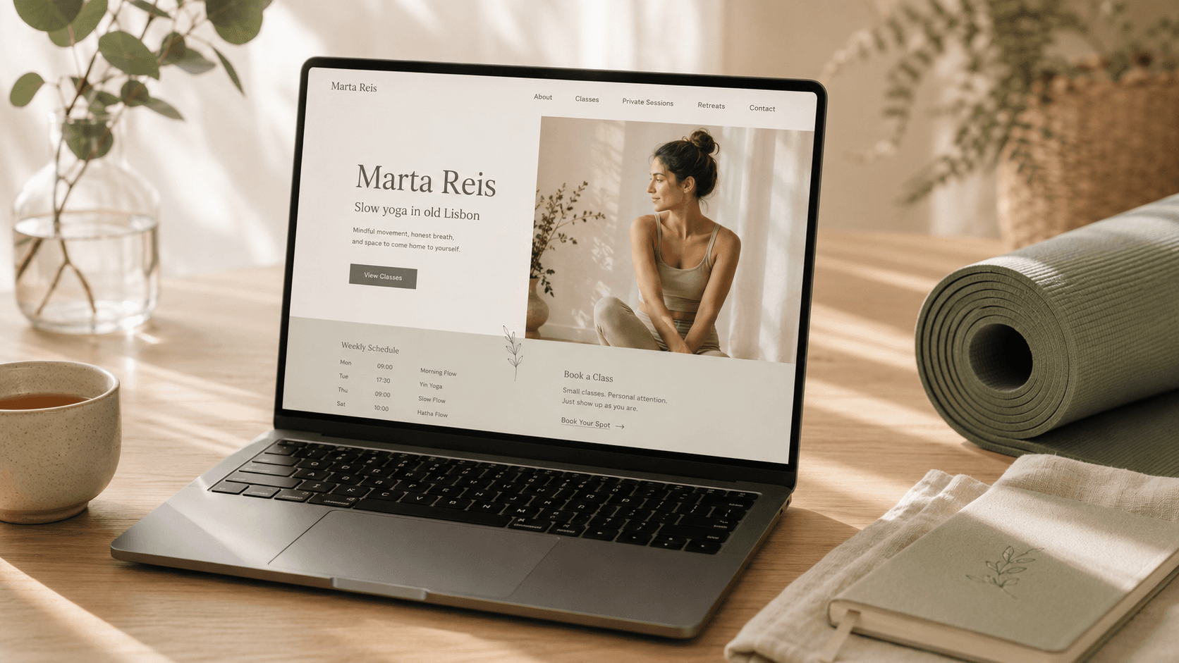 An open laptop on a warm wooden desk shows a custom Marta Reis yoga website, with a rolled sage yoga mat, a cup of tea, and a small plant nearby