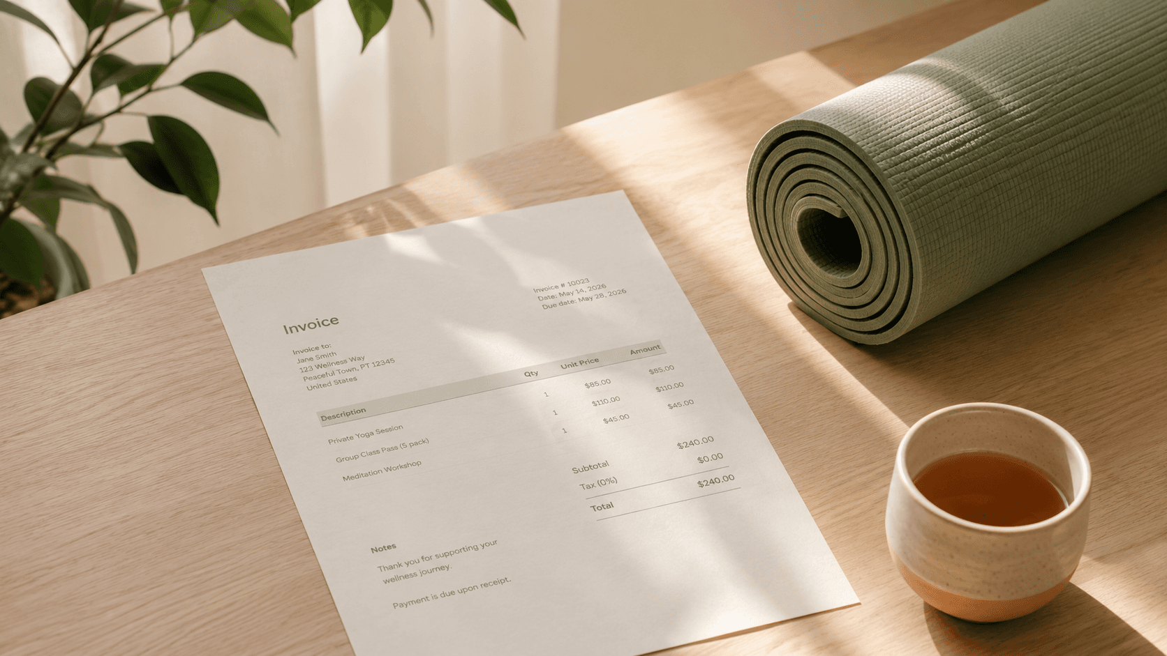 A simple printed invoice resting on a wooden desk next to a rolled yoga mat and a cup of tea